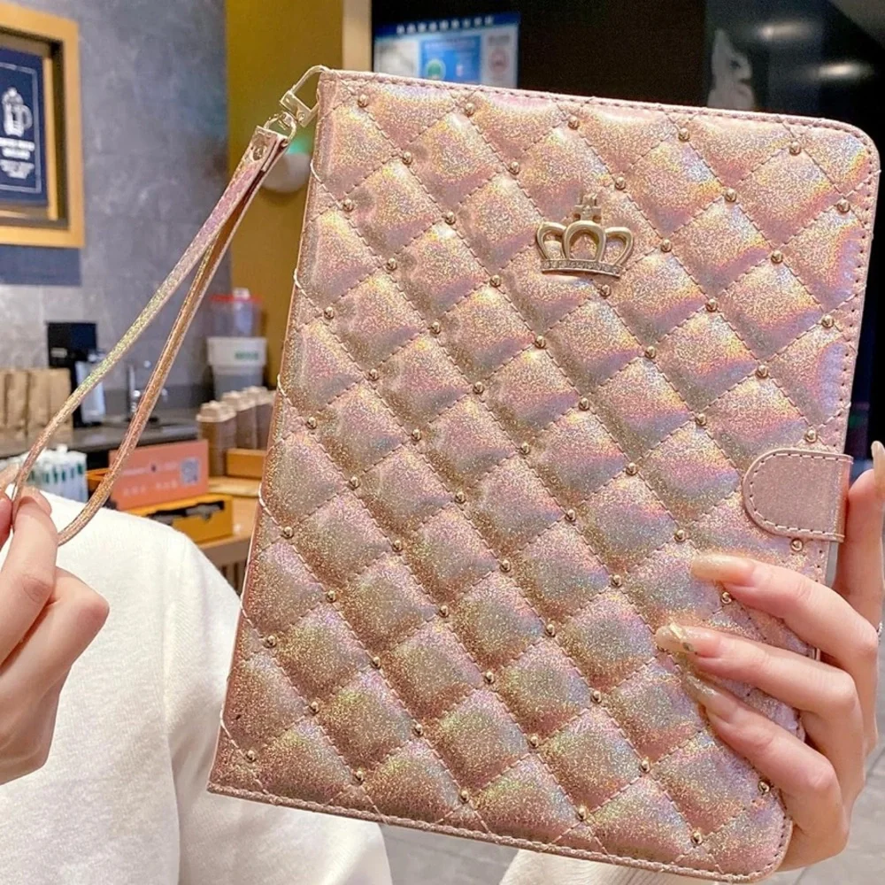 Holographic Quilted Tablet Case with Crown Accent - Pink